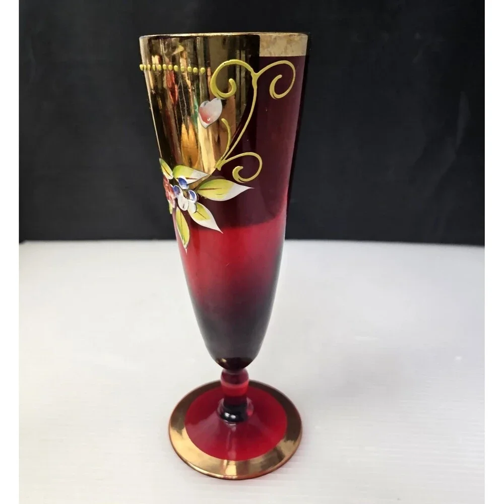 Venetian Ruby Red Wine Glass Vase Gold Gilt Enamel Floral Design Pedestal 7.25" - Picture 5 of 12